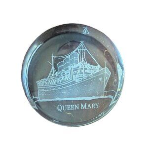 Paperweight Queen Mary Etched Glass Nautical Ship Boat Vintage Cruise Souvenir